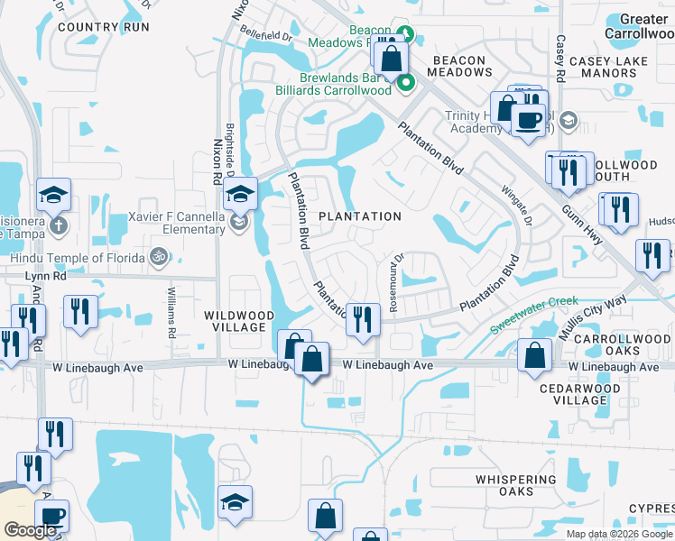 map of restaurants, bars, coffee shops, grocery stores, and more near 10504 Pathview Place in Tampa