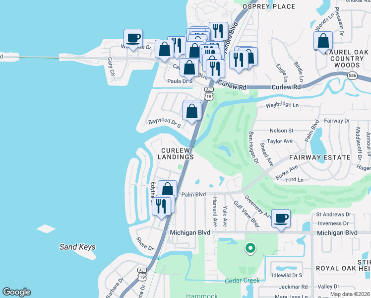 map of restaurants, bars, coffee shops, grocery stores, and more near 634 Drake Lane North in Dunedin