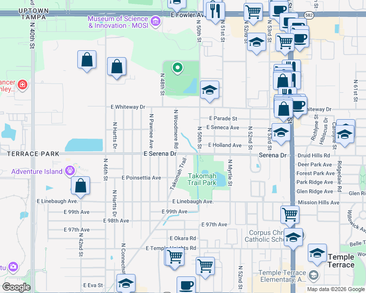 map of restaurants, bars, coffee shops, grocery stores, and more near 4914 East Serena Drive in Tampa
