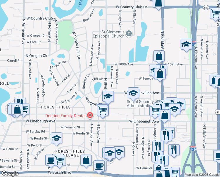 map of restaurants, bars, coffee shops, grocery stores, and more near 10410 North Hamner Avenue in Tampa