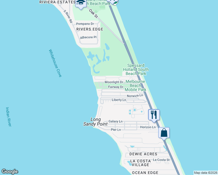 map of restaurants, bars, coffee shops, grocery stores, and more near 467 Eagle Place in Melbourne Beach