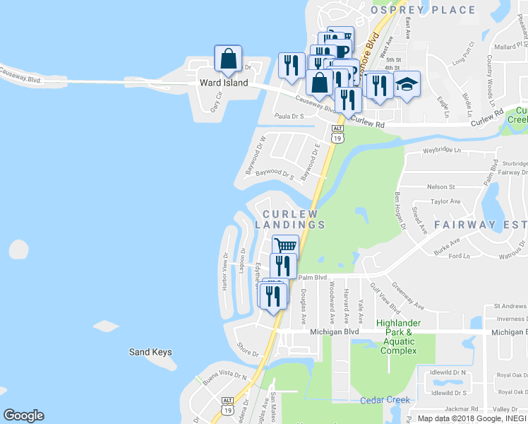 map of restaurants, bars, coffee shops, grocery stores, and more near 2275 Edythe Drive in Dunedin