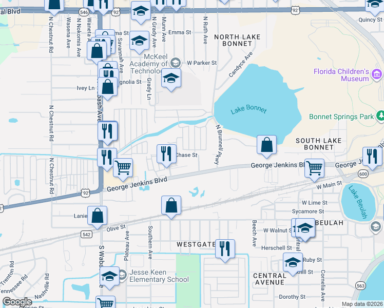 map of restaurants, bars, coffee shops, grocery stores, and more near 1123 West Chase Street in Lakeland
