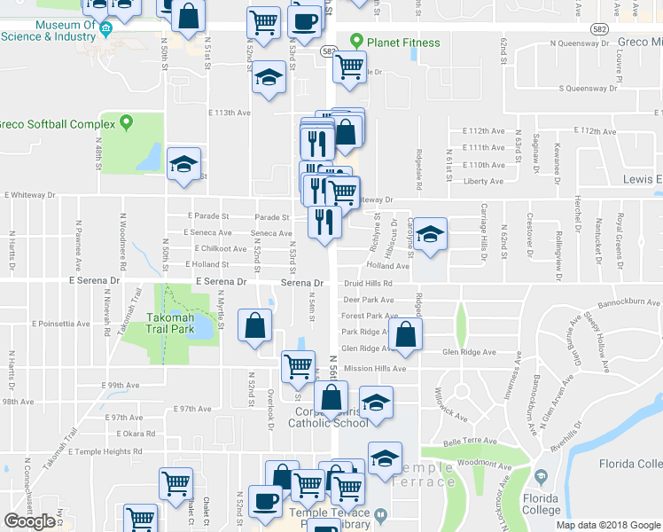map of restaurants, bars, coffee shops, grocery stores, and more near 5125 Holland Avenue in Temple Terrace