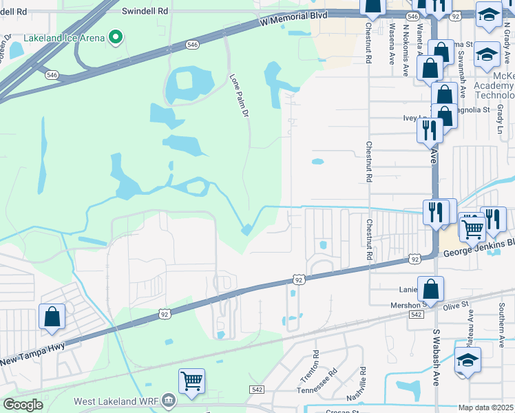 map of restaurants, bars, coffee shops, grocery stores, and more near 421 Lone Palm Drive in Lakeland