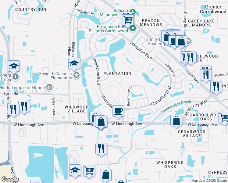 map of restaurants, bars, coffee shops, grocery stores, and more near 5003 Parkhill Place in Tampa