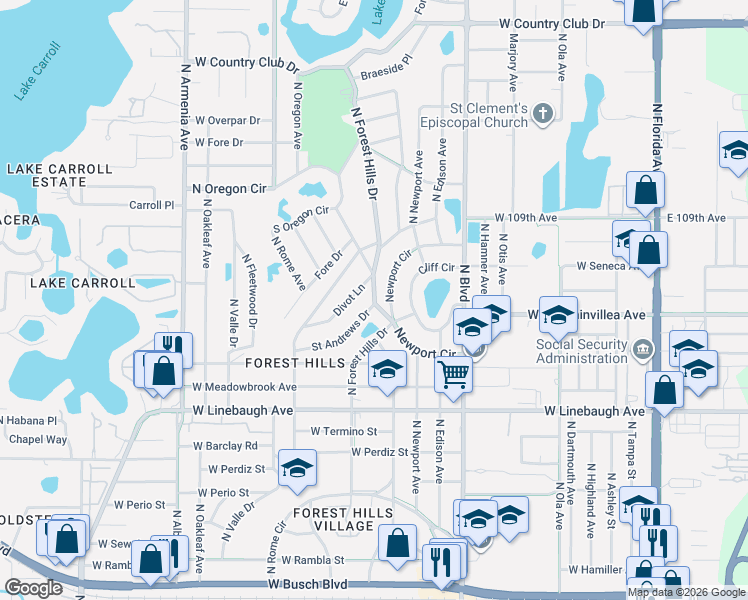 map of restaurants, bars, coffee shops, grocery stores, and more near 10302 Forest Hills Drive in Tampa