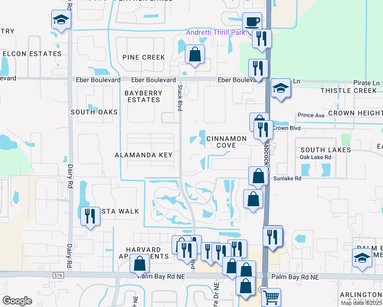map of restaurants, bars, coffee shops, grocery stores, and more near 4461 Stack Boulevard in Melbourne