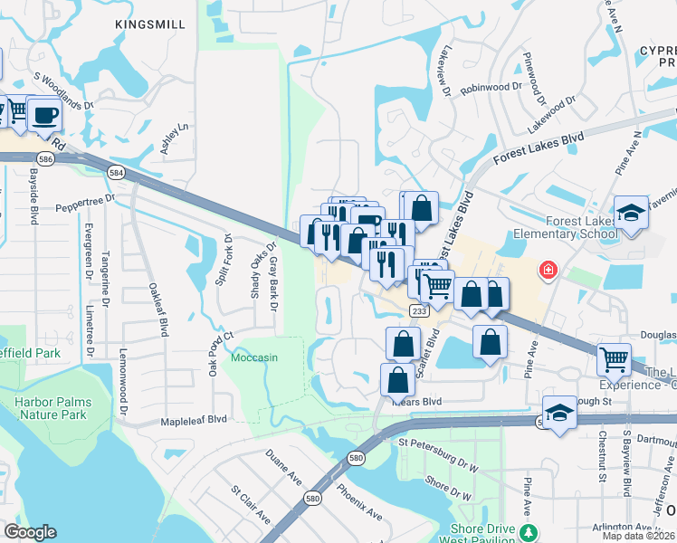 map of restaurants, bars, coffee shops, grocery stores, and more near 3684 Tampa Road in Oldsmar