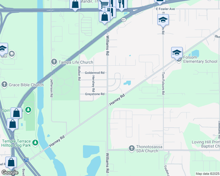 map of restaurants, bars, coffee shops, grocery stores, and more near 9508 Lake Park Drive in Thonotosassa