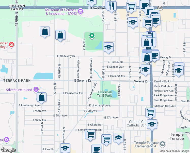 map of restaurants, bars, coffee shops, grocery stores, and more near 4914 East Serena Drive in Tampa