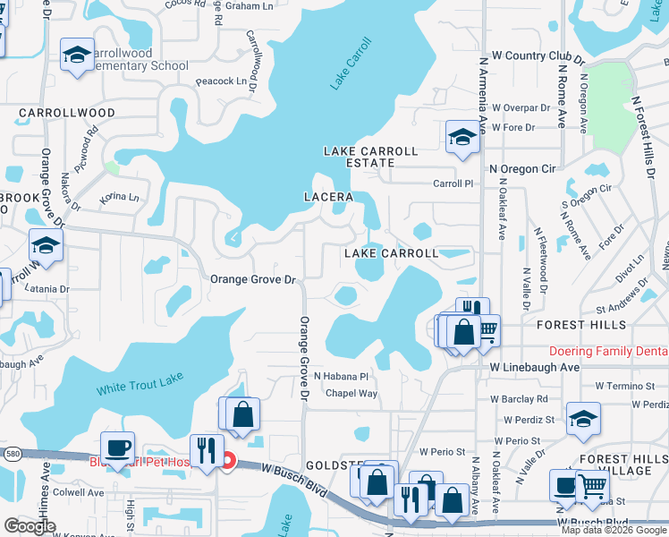 map of restaurants, bars, coffee shops, grocery stores, and more near 10502 Lacera Drive in Tampa