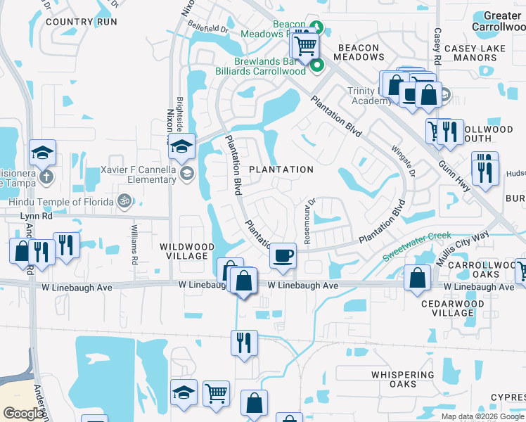 map of restaurants, bars, coffee shops, grocery stores, and more near 10504 Pathview Place in Tampa
