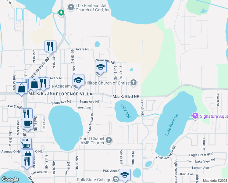map of restaurants, bars, coffee shops, grocery stores, and more near 2006 9th Street Northeast in Winter Haven