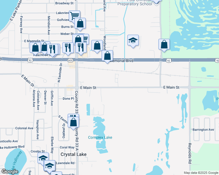 map of restaurants, bars, coffee shops, grocery stores, and more near East Main Street in Lakeland