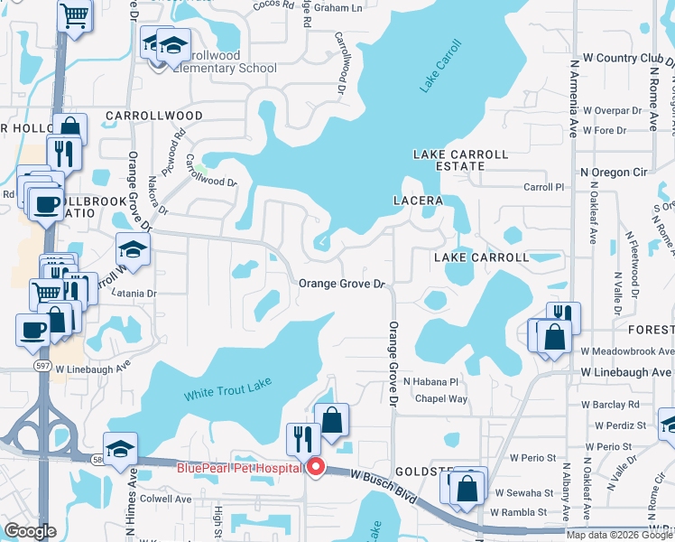 map of restaurants, bars, coffee shops, grocery stores, and more near 10502 Sago Road in Greater Carrollwood