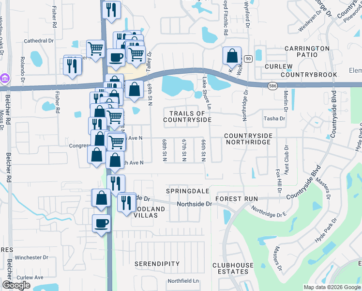 map of restaurants, bars, coffee shops, grocery stores, and more near 29762 67th Way North in Clearwater