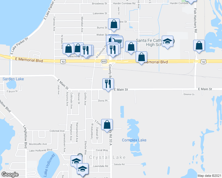 map of restaurants, bars, coffee shops, grocery stores, and more near East Main Street in Lakeland