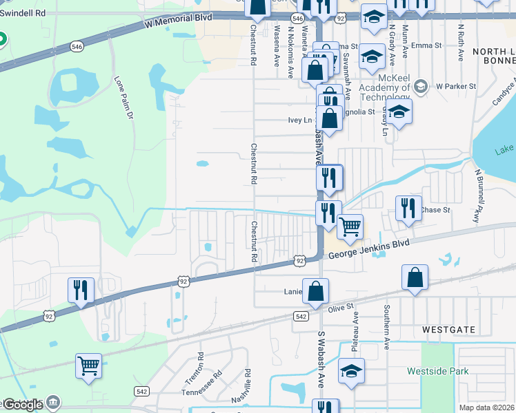 map of restaurants, bars, coffee shops, grocery stores, and more near 252 North Chestnut Road in Lakeland