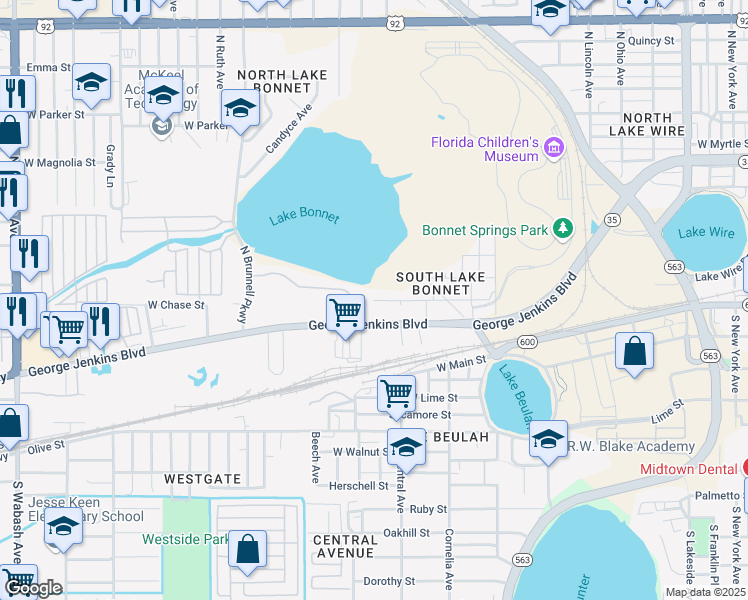 map of restaurants, bars, coffee shops, grocery stores, and more near Chase Street in Lakeland
