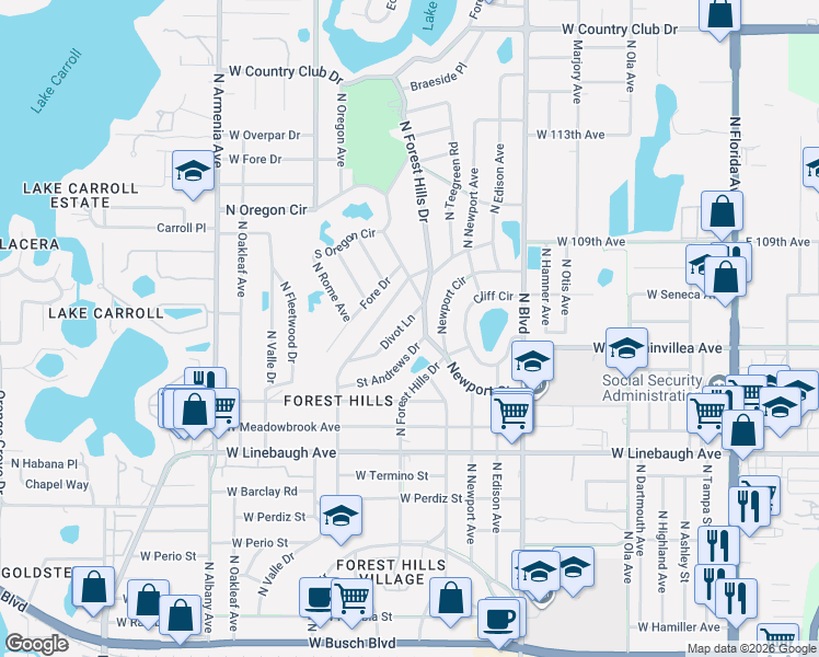 map of restaurants, bars, coffee shops, grocery stores, and more near 10302 Forest Hills Drive in Tampa
