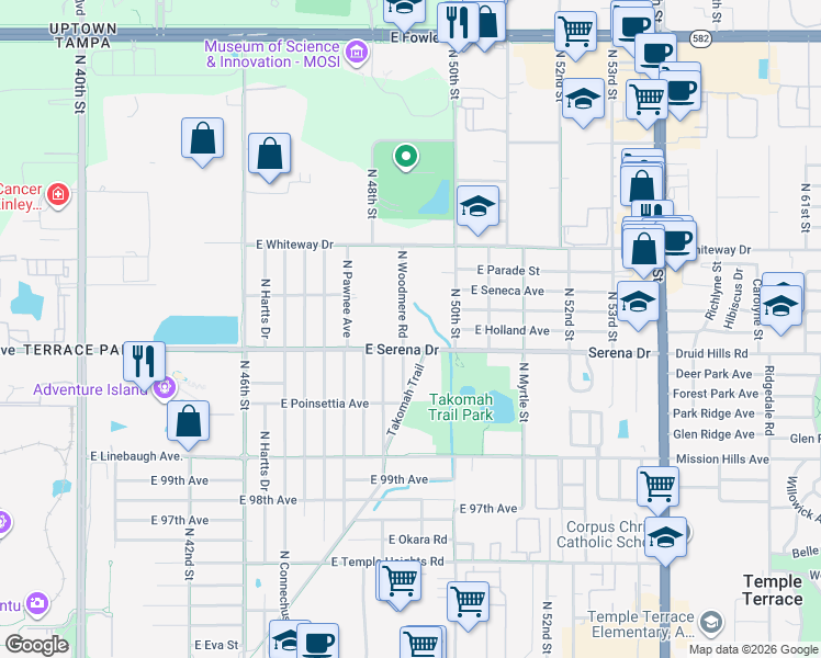 map of restaurants, bars, coffee shops, grocery stores, and more near 10404 North Woodmere Road in Tampa