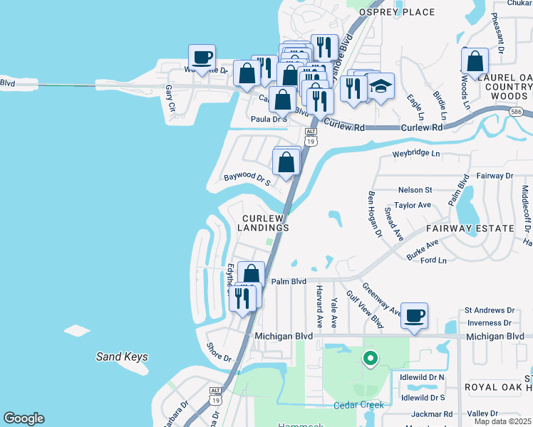 map of restaurants, bars, coffee shops, grocery stores, and more near 2352 Hanover Drive in Dunedin