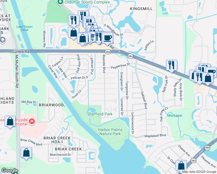 map of restaurants, bars, coffee shops, grocery stores, and more near 1924 Montego Court in Oldsmar