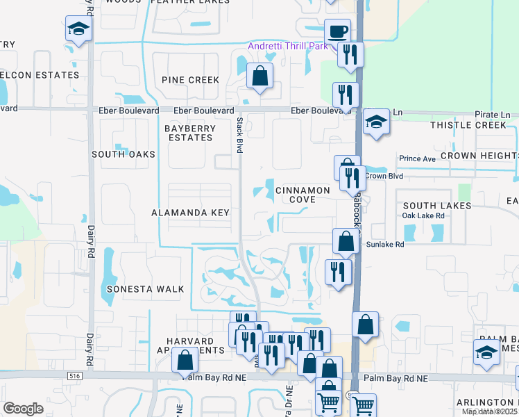 map of restaurants, bars, coffee shops, grocery stores, and more near 4461 Stack Boulevard in Melbourne