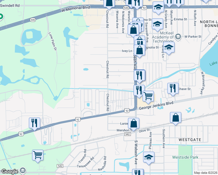 map of restaurants, bars, coffee shops, grocery stores, and more near 252 North Chestnut Road in Lakeland