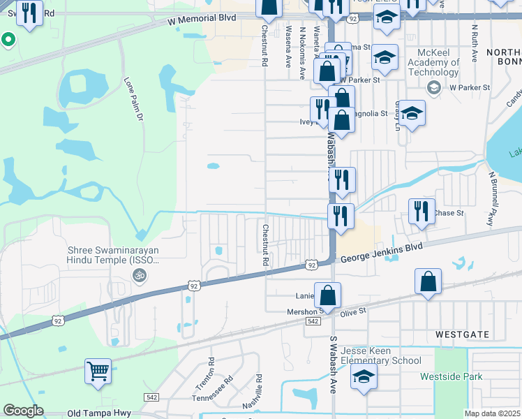 map of restaurants, bars, coffee shops, grocery stores, and more near 252 North Chestnut Road in Lakeland