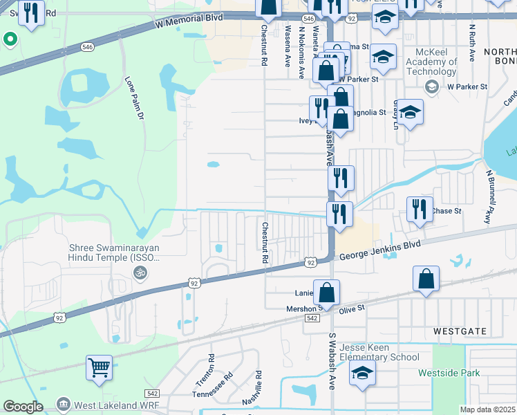 map of restaurants, bars, coffee shops, grocery stores, and more near 252 North Chestnut Road in Lakeland