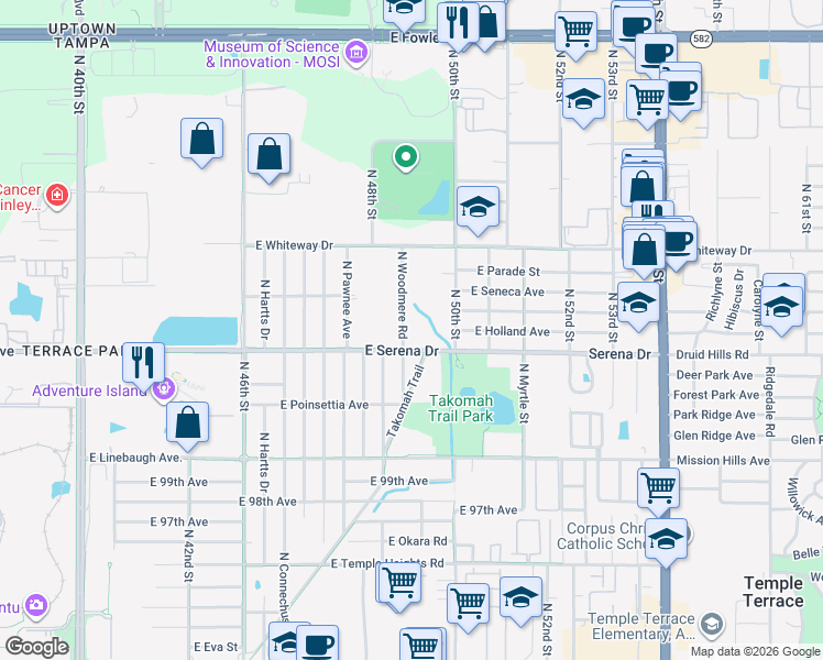 map of restaurants, bars, coffee shops, grocery stores, and more near 10404 North Woodmere Road in Tampa