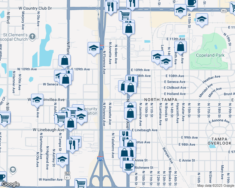 map of restaurants, bars, coffee shops, grocery stores, and more near 10404 North Nebraska Avenue in Tampa