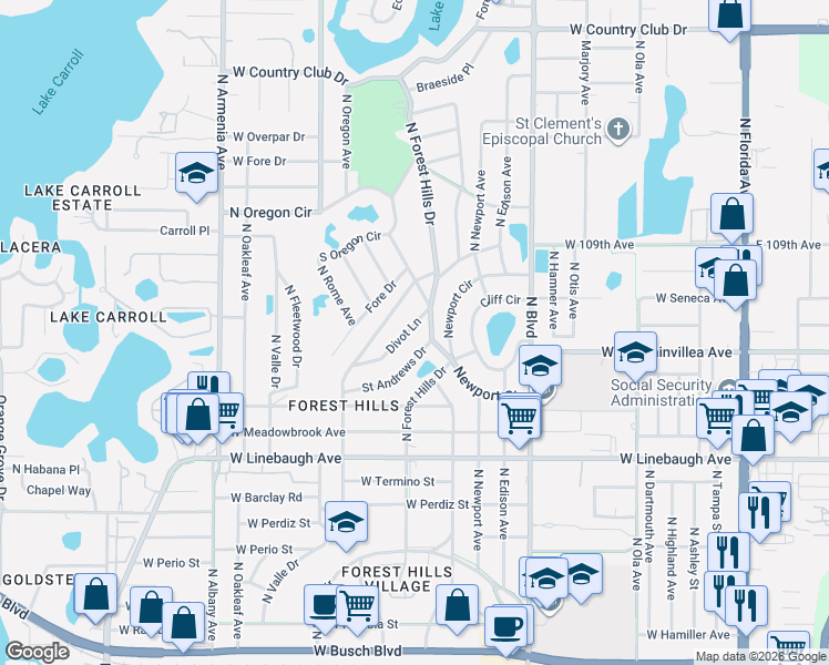 map of restaurants, bars, coffee shops, grocery stores, and more near 10302 Forest Hills Drive in Tampa