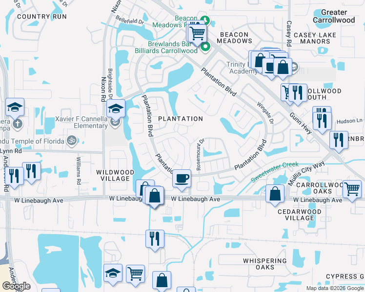 map of restaurants, bars, coffee shops, grocery stores, and more near 5003 Parkhill Place in Tampa