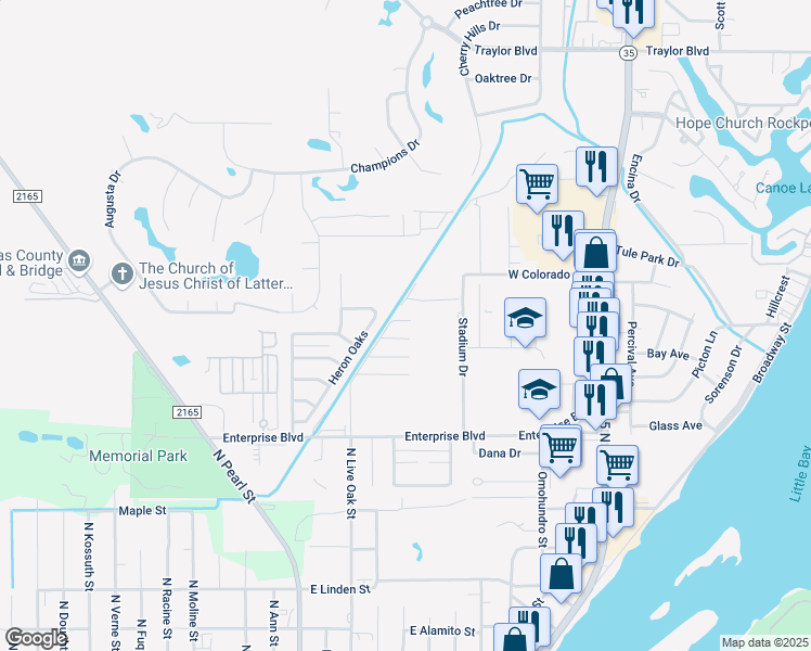 map of restaurants, bars, coffee shops, grocery stores, and more near 1800 North Live Oak Street in Rockport
