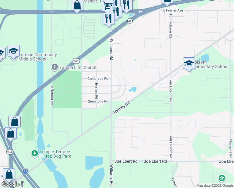 map of restaurants, bars, coffee shops, grocery stores, and more near 9508 Lake Park Drive in Thonotosassa