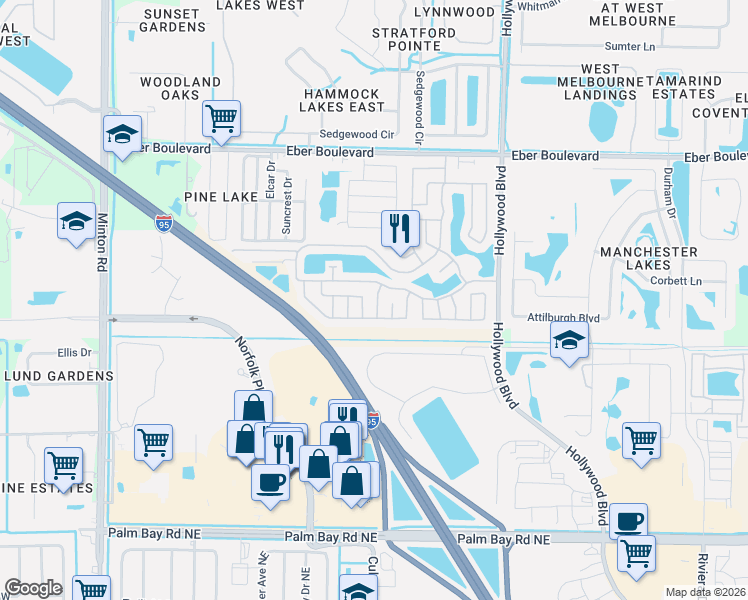 map of restaurants, bars, coffee shops, grocery stores, and more near 2261 Parkland Drive in Melbourne
