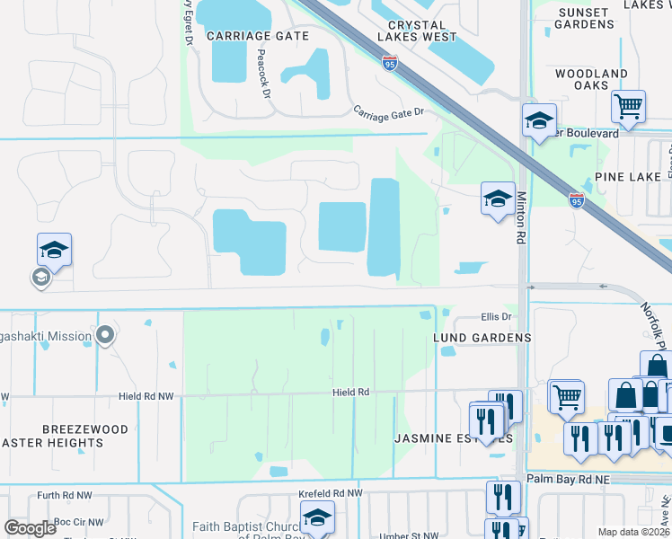 map of restaurants, bars, coffee shops, grocery stores, and more near 3353 Rushing Waters Drive in West Melbourne