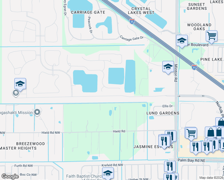 map of restaurants, bars, coffee shops, grocery stores, and more near 3353 Rushing Waters Drive in West Melbourne