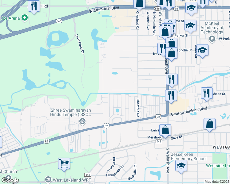 map of restaurants, bars, coffee shops, grocery stores, and more near 2562 Chestnut Woods Drive in Lakeland