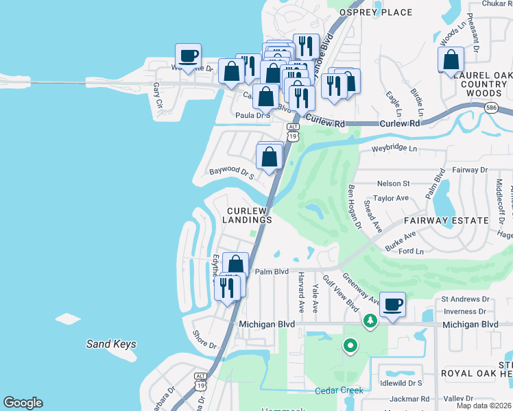 map of restaurants, bars, coffee shops, grocery stores, and more near 618 Drake Lane North in Dunedin