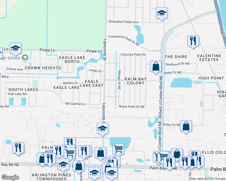 map of restaurants, bars, coffee shops, grocery stores, and more near 1804 Mango Street Northeast in Palm Bay