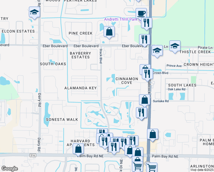 map of restaurants, bars, coffee shops, grocery stores, and more near 4451 Stack Boulevard in Melbourne