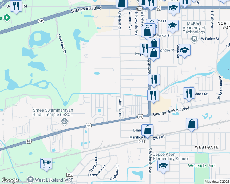 map of restaurants, bars, coffee shops, grocery stores, and more near 2439 Chestnut Woods Drive in Lakeland