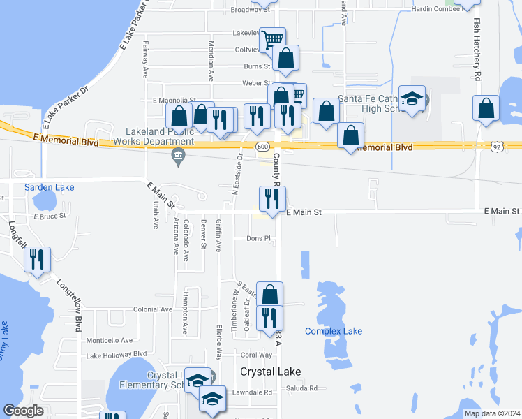 map of restaurants, bars, coffee shops, grocery stores, and more near 100 North Combee Road in Lakeland
