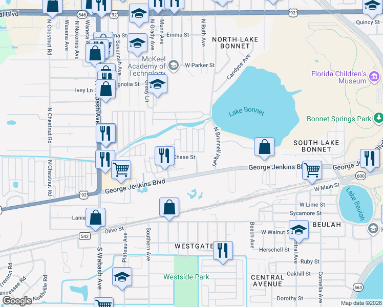 map of restaurants, bars, coffee shops, grocery stores, and more near 1123 West Chase Street in Lakeland