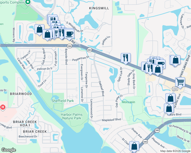 map of restaurants, bars, coffee shops, grocery stores, and more near 1802 Chinaberry Drive in Oldsmar