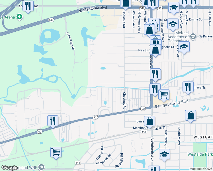 map of restaurants, bars, coffee shops, grocery stores, and more near 2538 Chestnut Woods Drive in Lakeland